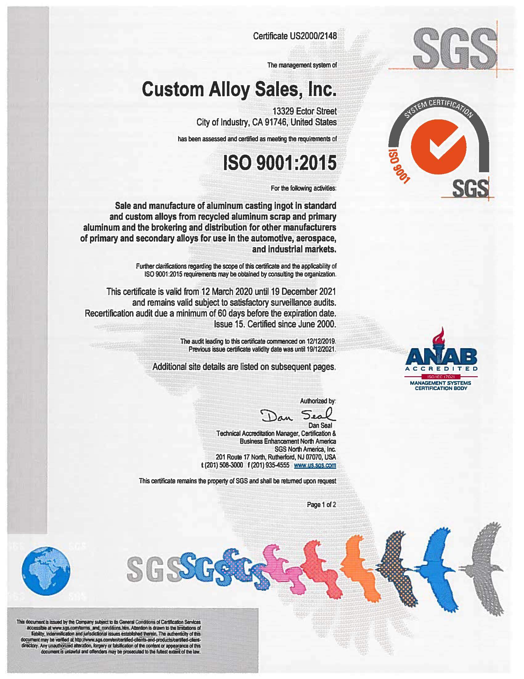 Custom Alloy Sales Inc ISO Certificate 1
